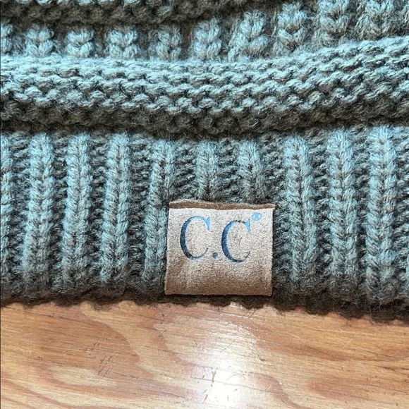 C.C Knit Beanie in Soft Green with Faux‎ Fur Pom - Picture 2 of 6
